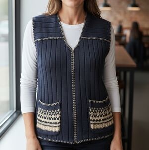 Woolrich Navy Blue Women's Sweater Zip Vest Fair Isle Preppy Vtg